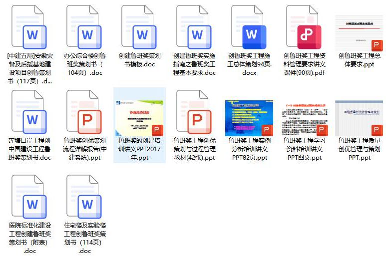 创建鲁班奖策划书模板、方案、流程、案例、培训PPT讲义，共21个文档合集