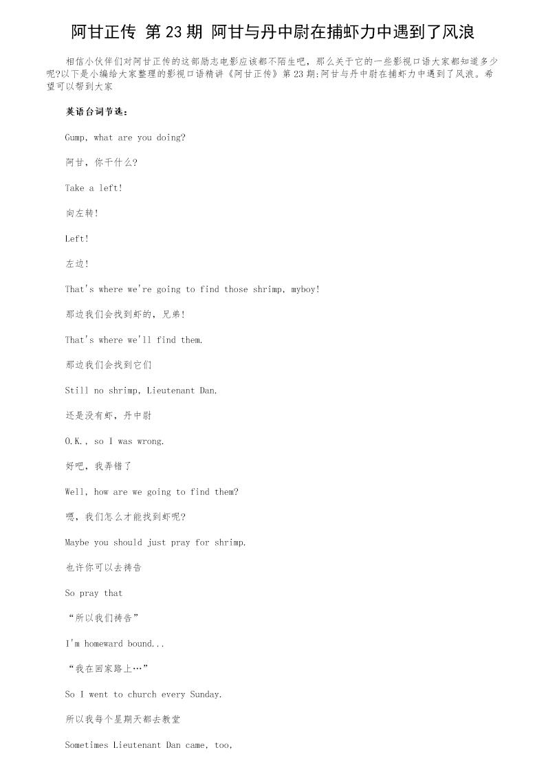 阿甘正传经典台词中英文对照第23期 阿甘与丹中尉在捕虾力中遇到了风浪