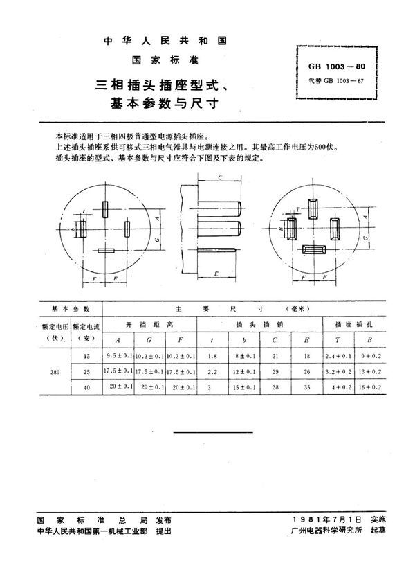三相插头插座 型式、基本参数与尺寸 (GB 1003-1980)