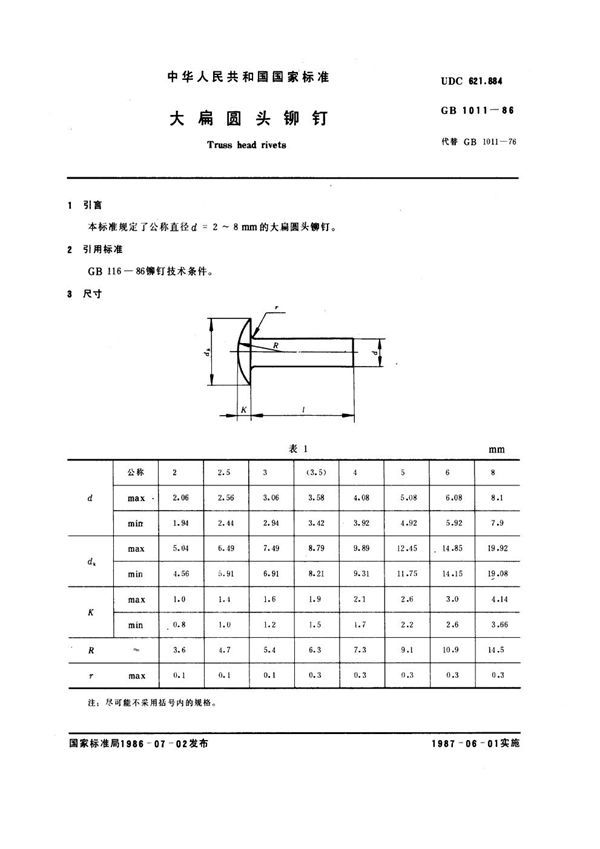 大扁圆头铆钉 (GB 1011-1986)