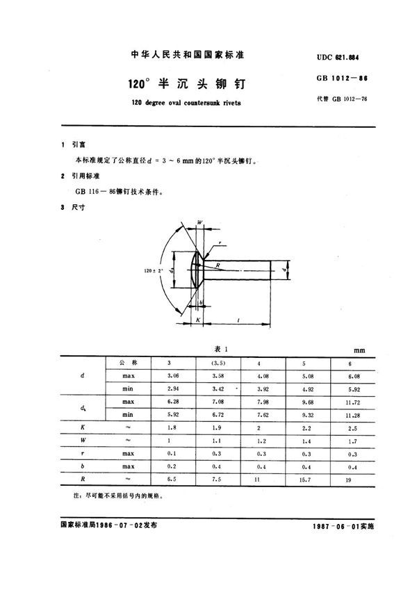 120°半沉头铆钉 (GB 1012-1986)