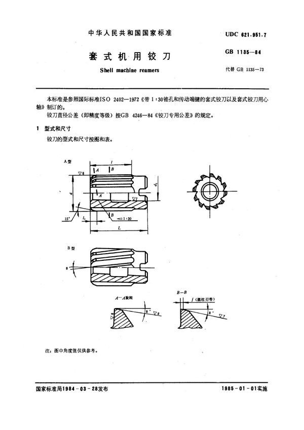 套式机用铰刀 (GB 1135-1984)