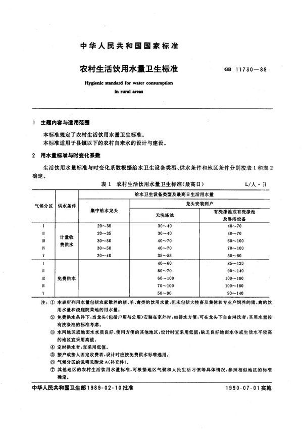 农村生活饮用水量卫生标准 (GB 11730-1989)