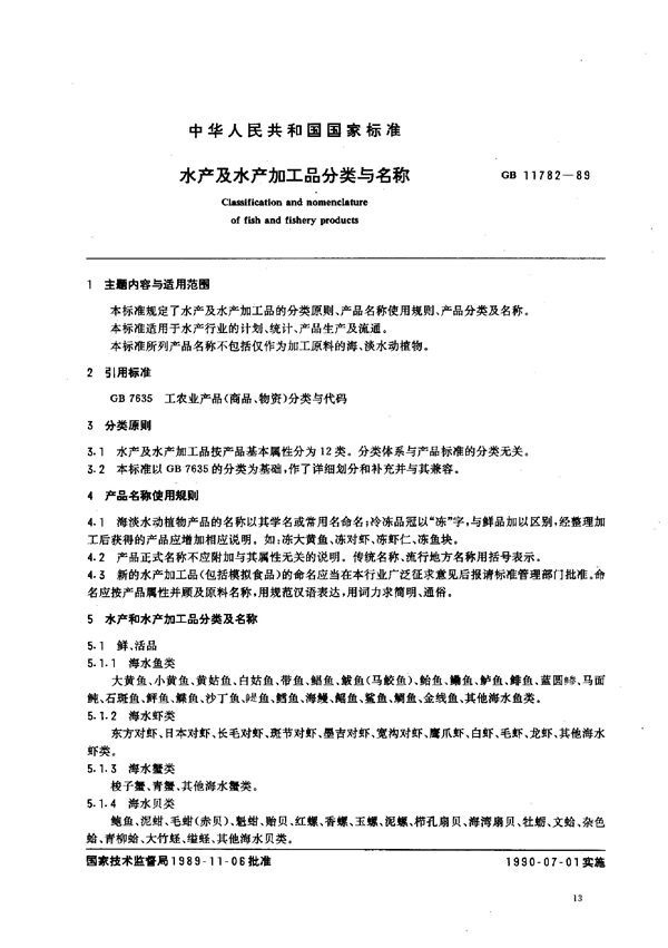 水产及水产加工品分类与名称 (GB 11782-1989)
