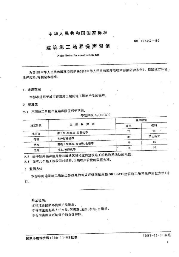建筑施工场界噪声限值 (GB 12523-1990)