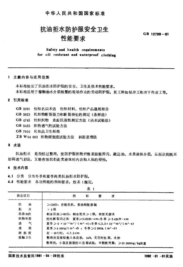 抗油拒水防护服安全卫生性能要求 (GB 12799-1991)