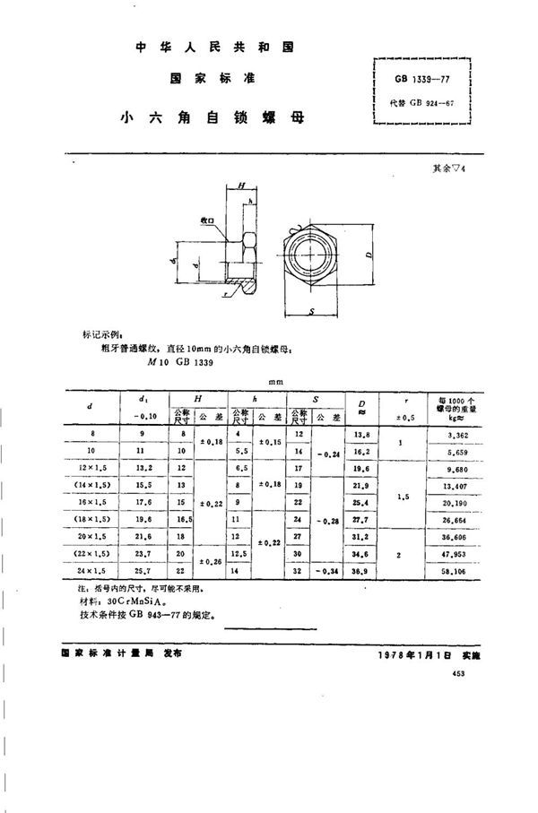 小六角自锁螺母 (GB 1339-1977)