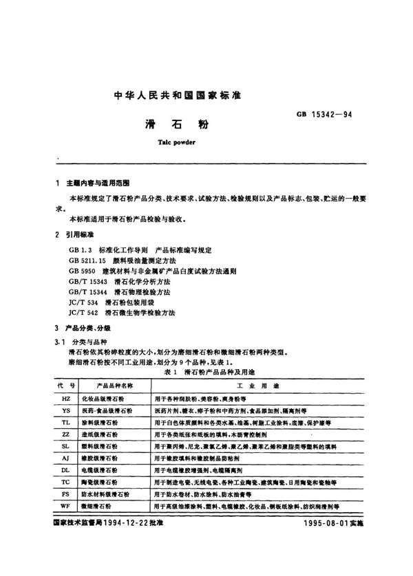滑石粉 (GB 15342-1994)