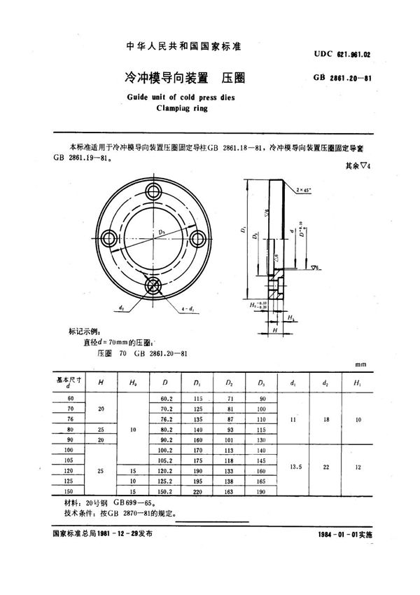 冷冲模导向装置 压圈 (GB 2861.20-1981)