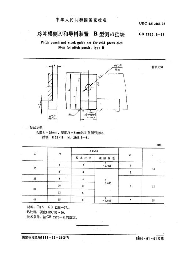 冷冲模侧刃和导料装置 B型侧刃挡块 (GB 2865.3-1981)