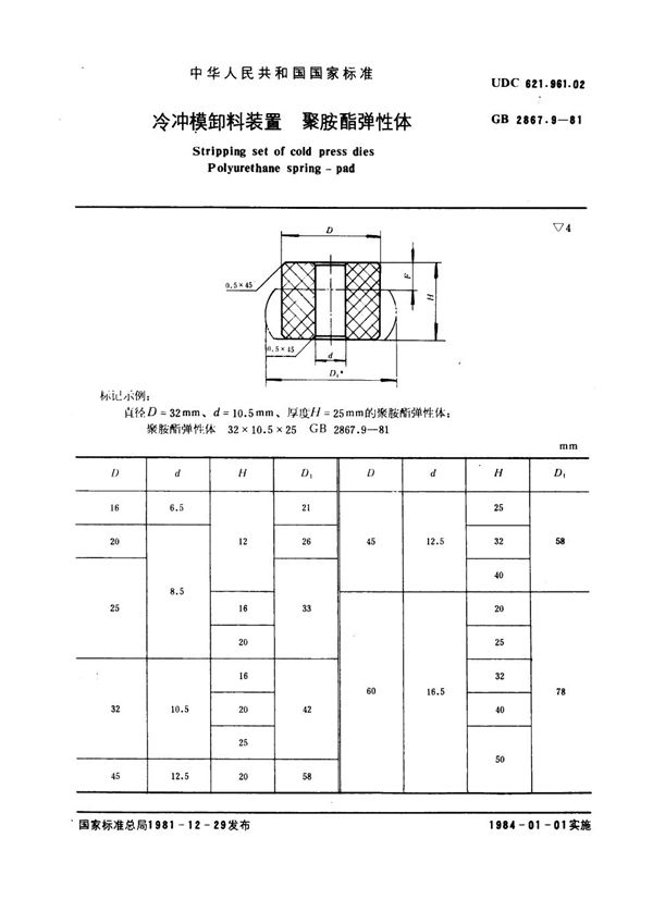 冷冲模卸料装置 聚胺酯弹性体 (GB 2867.9-1981)