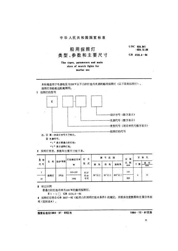 船用探照灯类型、参数和主要尺寸 (GB 4124.4-1984)