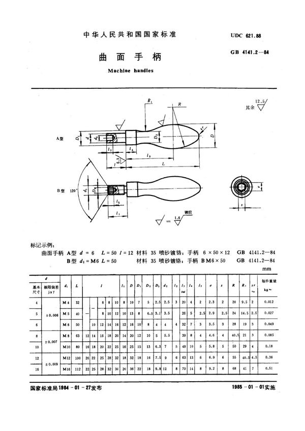 曲面手柄 (GB 4141.2-1984)