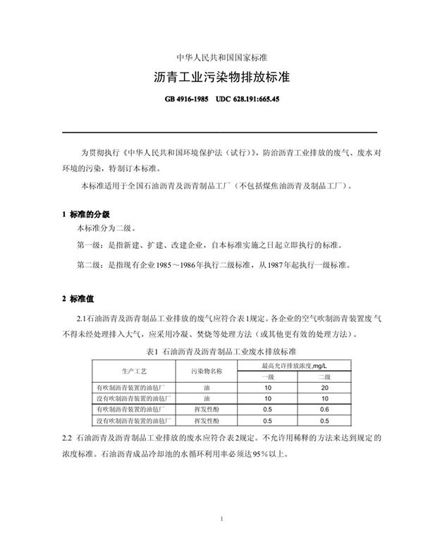 沥青工业污染物排放标准 (GB 4916-1985)
