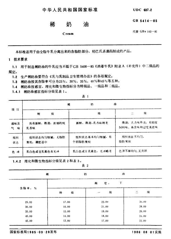 稀奶油 (GB 5414-1985)
