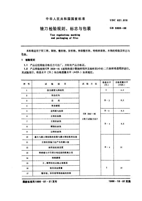 锉刀检验规则、标志与包装 (GB 5808-1986)