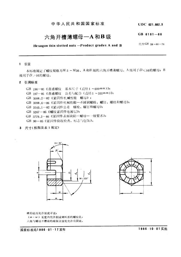六角开槽薄螺母 A和B级 (GB 6181-1986)