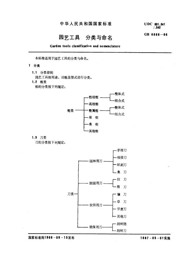 园艺工具 分类与命名 (GB 6866-1986)