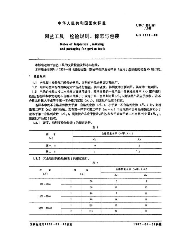 园艺工具 检验规则、标志与包装 (GB 6867-1986)