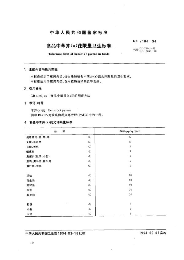 食品中苯并(a)芘限量卫生标准 (GB 7104-1994)