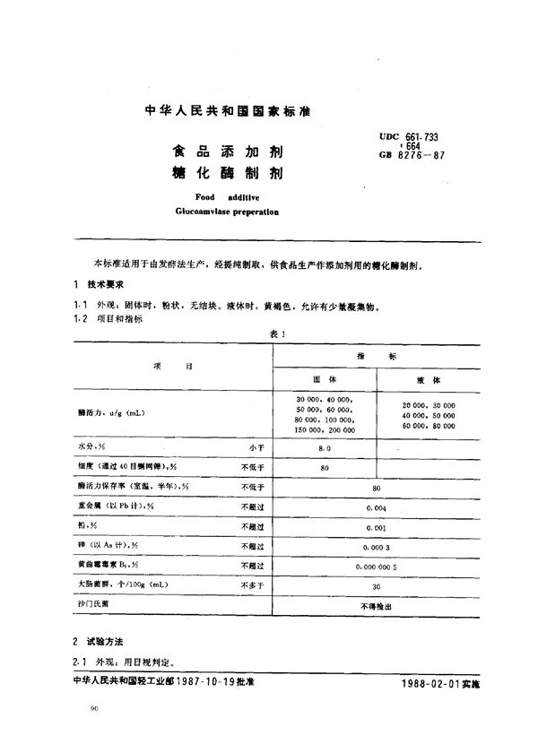 食品添加剂  糖化酶制剂 (GB 8276-1987)
