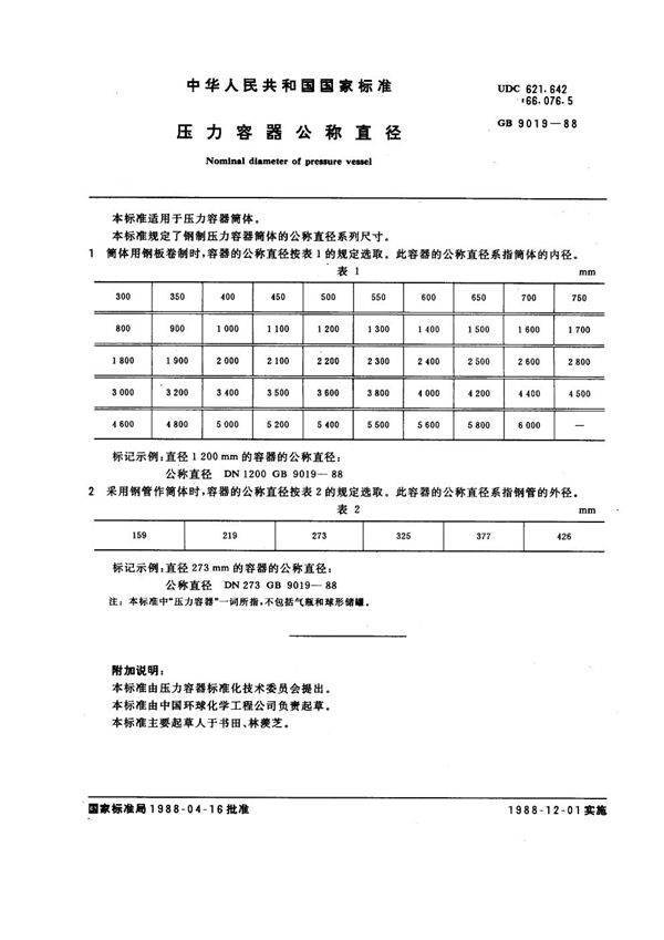 压力容器公称直径 (GB 9019-1988)