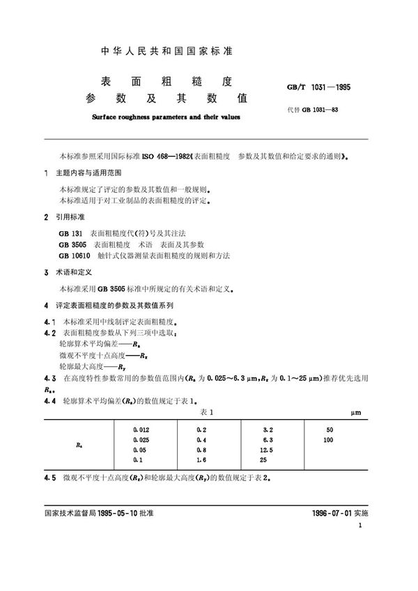 表面粗糙度  参数及其数值 (GB/T 1031-1995)