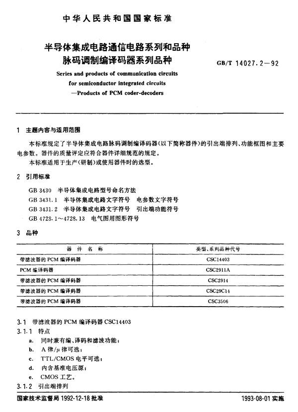 半导体集成电路通信电路系列和品种 脉码调制编译码器系列品种 (GB/T 14027.2-1992)
