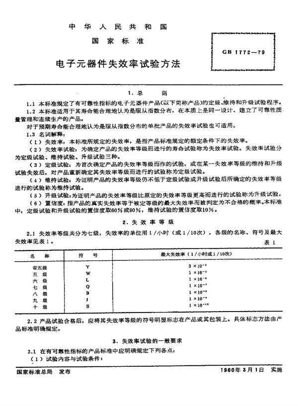 电子元器件失效率试验方法 (GB/T 1772-1979)