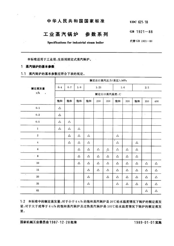 工业蒸汽锅炉  参数系列 (GB/T 1921-1988)