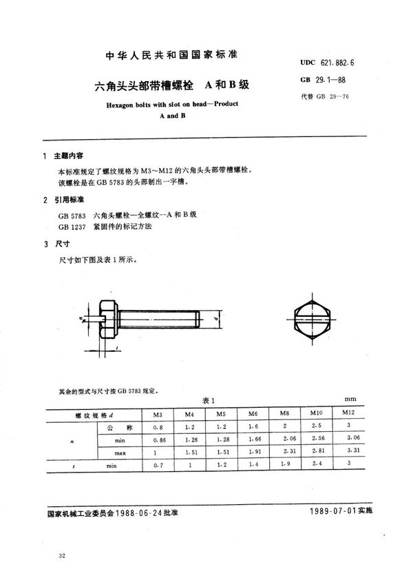 六角头头部带槽螺栓 A和B级 (GB/T 29.1-1988)