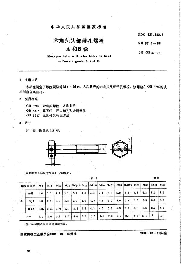 六角头头部带孔螺栓 A和B级 (GB/T 32.1-1988)