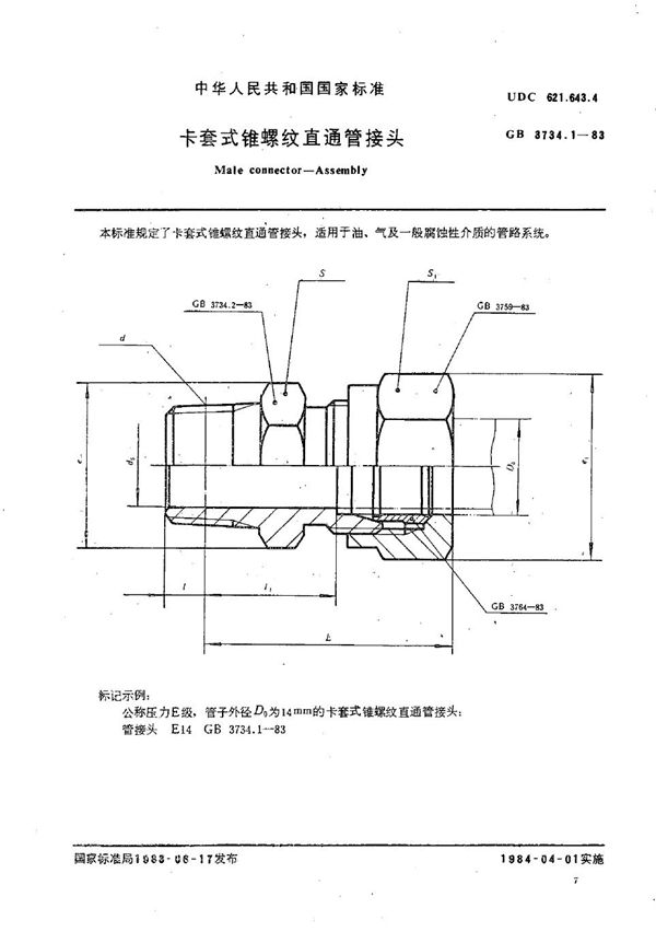 卡套式锥螺纹直通管接头 (GB/T 3734.1-1983)