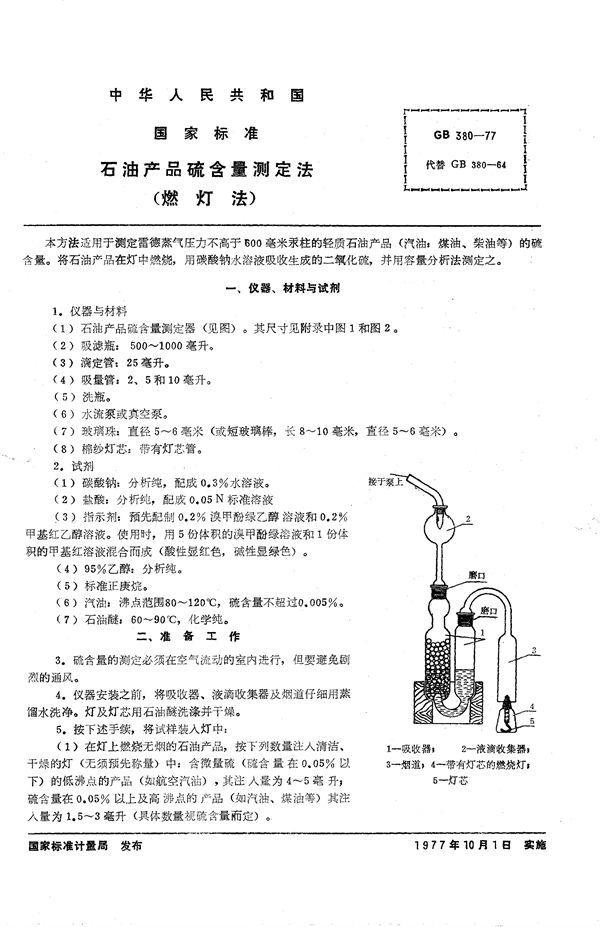 石油产品硫含量测定法 (燃灯法) (GB/T 380-1977)