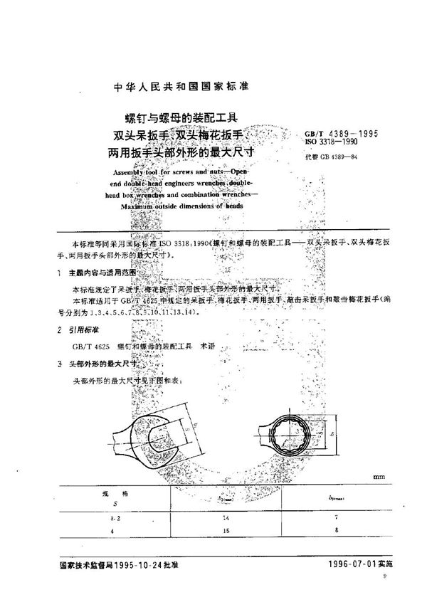螺钉与螺母的装配工具 双头呆扳手、双头梅花扳手、两用扳手头部外形的最大尺寸 (GB/T 4389-1995)