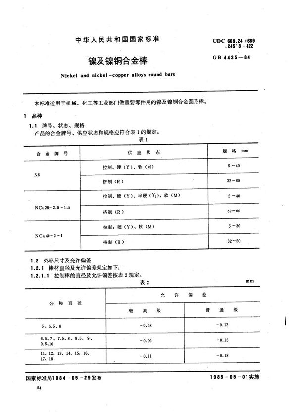 镍及镍铜合金棒 (GB/T 4435-1984)