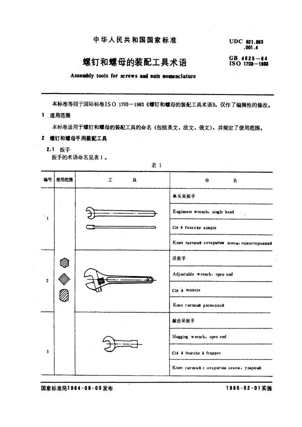 螺钉和螺母的装配工具 术语 (GB/T 4625-1984)