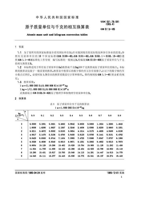 原子质量单位与千克的相互换算表 (GB/T 5113-1985)