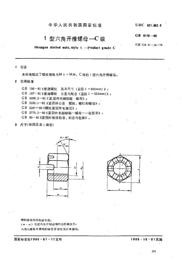 1型六角开槽螺母 C级 (GB/T 6179-1986)