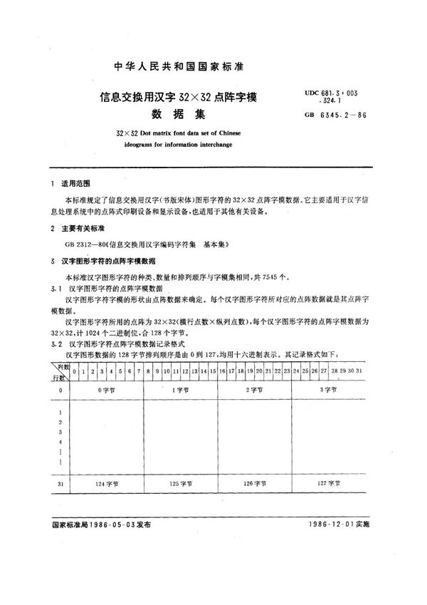信息交换用汉字32×32点阵字模数据集 (GB/T 6345.2-1986)