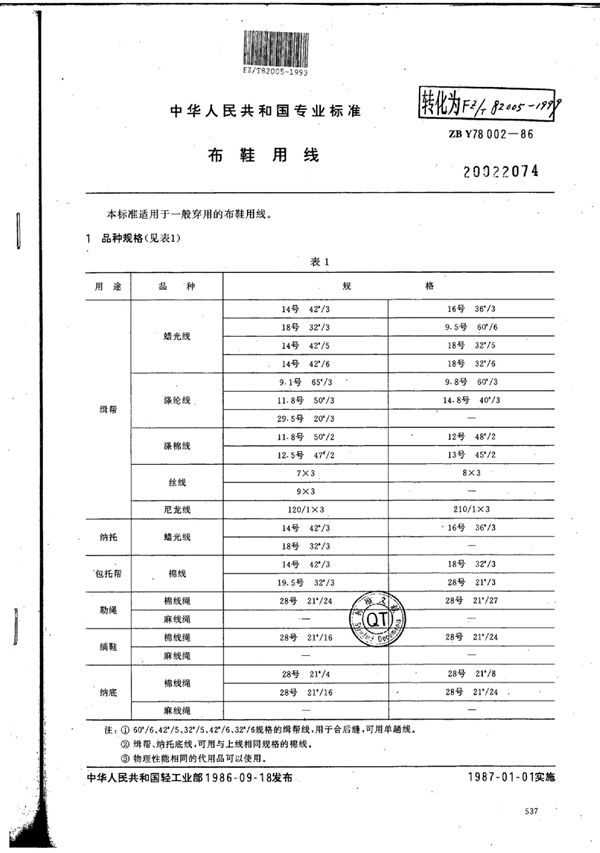 布鞋用线 (FZ/T 82005-1999)