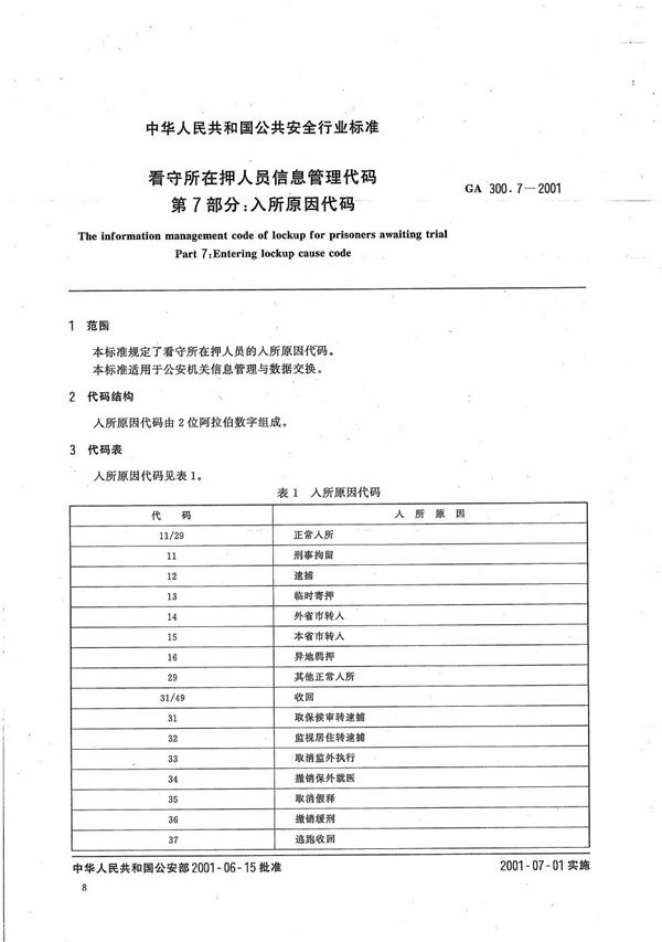 看守所在押人员信息管理代码 第7部分：入所原因代码 (GA 300.7-2001）