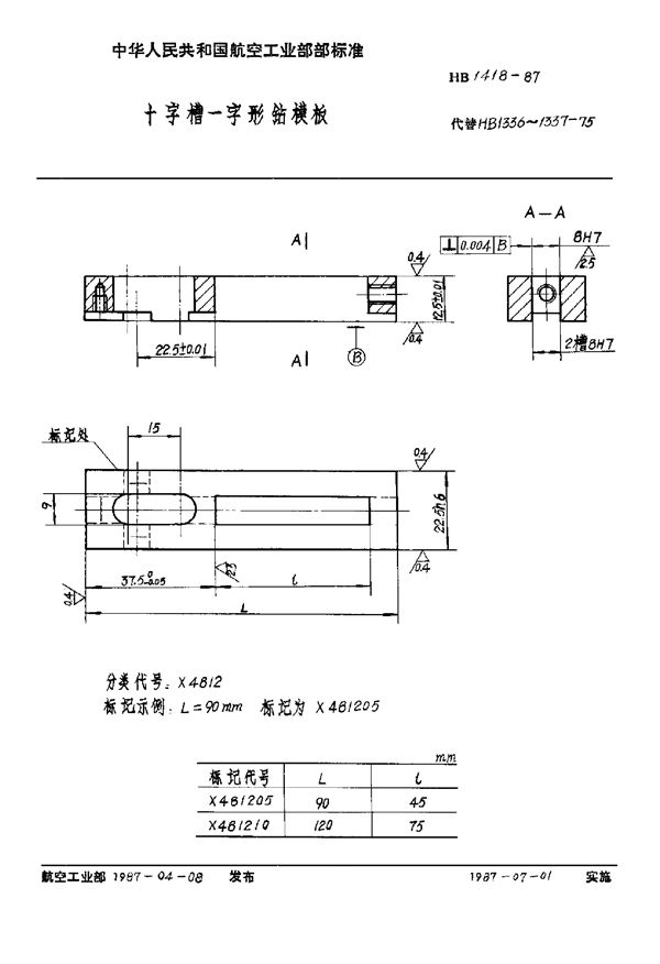 十字槽一字形钻模板 (HB 1418-1987)