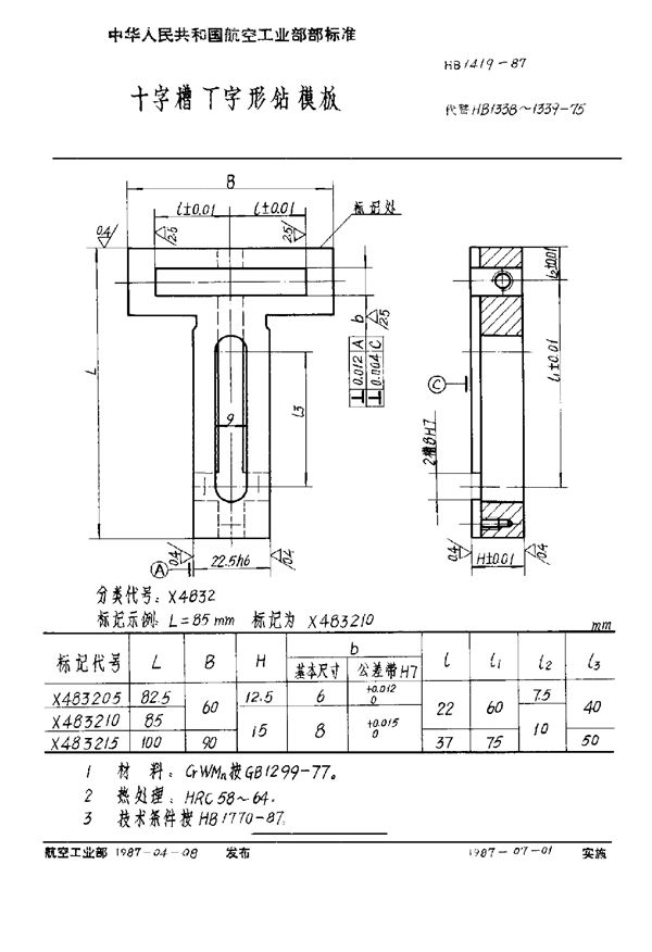 十字槽T字形钻模板 (HB 1419-1987)