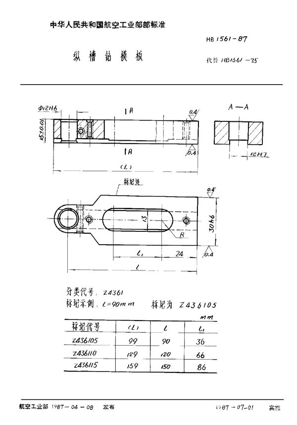 纵槽钻模板 (HB 1561-1987)