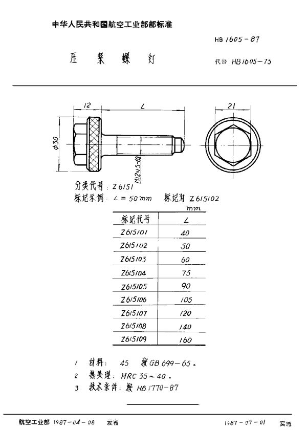 压紧螺钉 (HB 1605-1987)