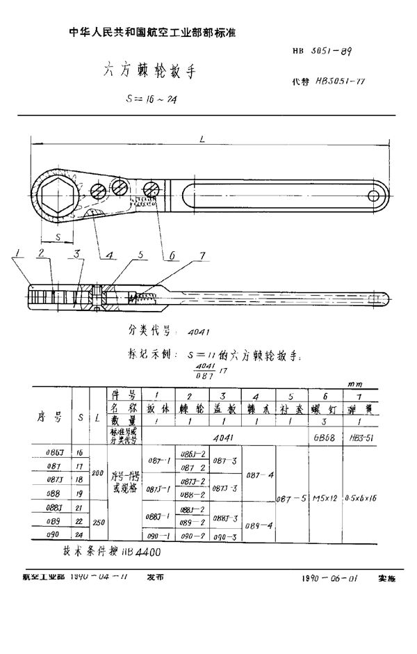 六方棘轮扳手 S=16～24 (HB 3051-1989)
