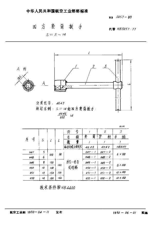 四方套筒扳手 S=5～14 (HB 3057-1989)
