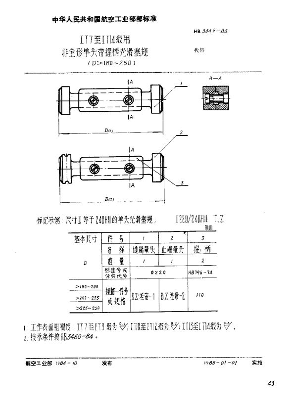 ⅠT7至ⅠT14级用非全形单头带握柄光滑塞规(D≥180～250) (HB 3449-1984)