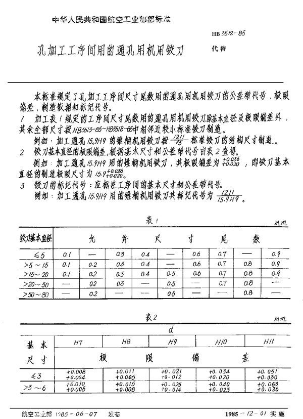 孔加工工序间用的通孔用机用铰刀 (HB 3512-1985)
